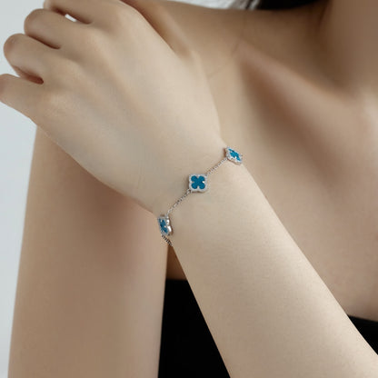 Women's Delicate Bracelet, Turquoise & Round White Zirconia Inlay Clover Design, S925 with White Gold Plating