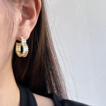Women's Heart Hollow Huggie Earrings, Full Paved Rectangular Zirconia Inlaid, Premium Style, S925 with 18K Gold Plating