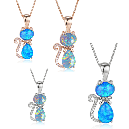 Women's Cat Bow Blue & White Opal with Zirconia Pendant Necklace, Rose Gold / White Gold Plating
