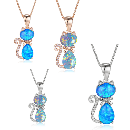 Women's Cat Bow Blue & White Opal with Zirconia Pendant Necklace, Rose Gold / White Gold Plating