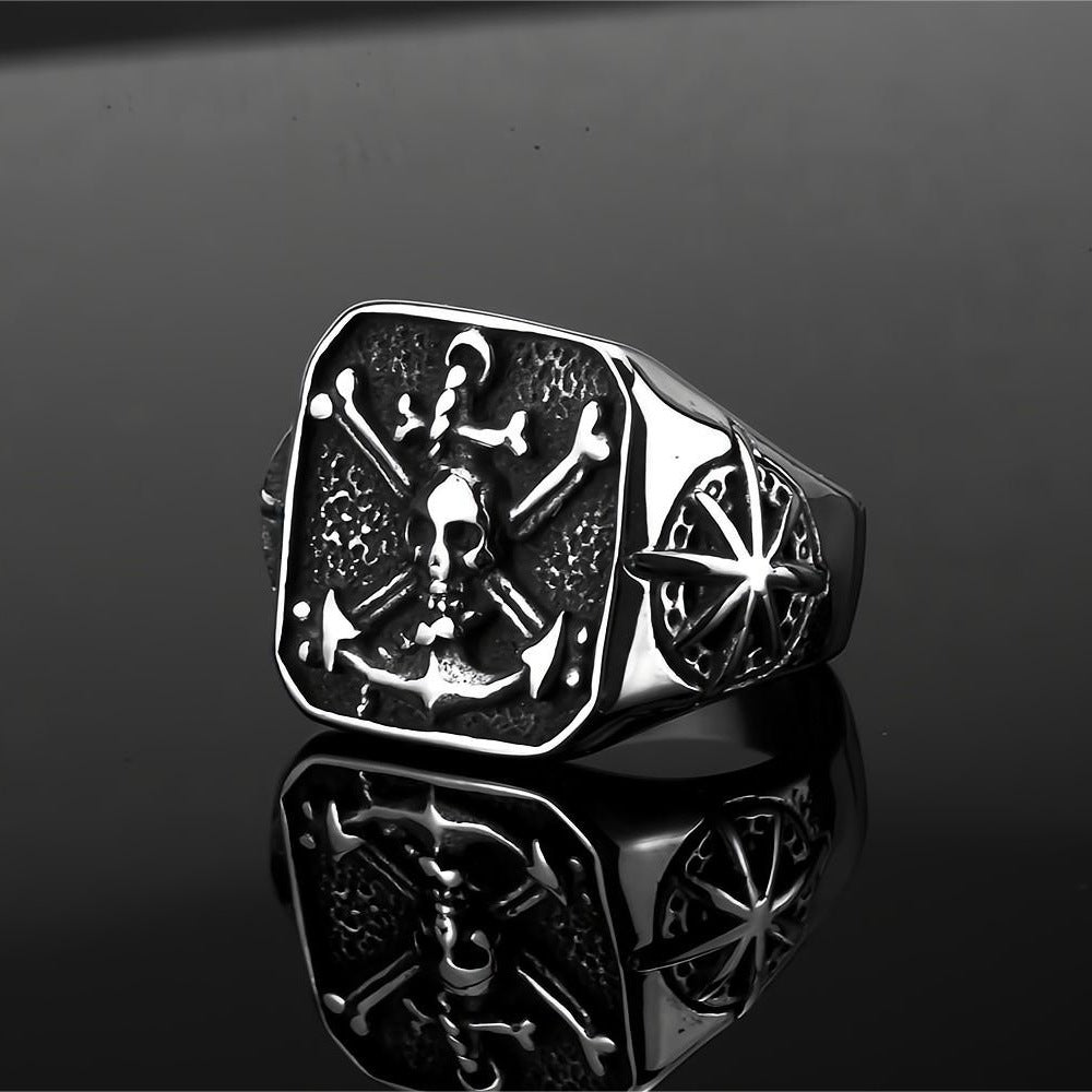 Vintage Solid Stainless Steel Pirate Skull Octagram Square Signet Ring for Men