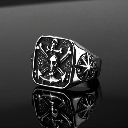 Vintage Solid Stainless Steel Pirate Skull Octagram Square Signet Ring for Men