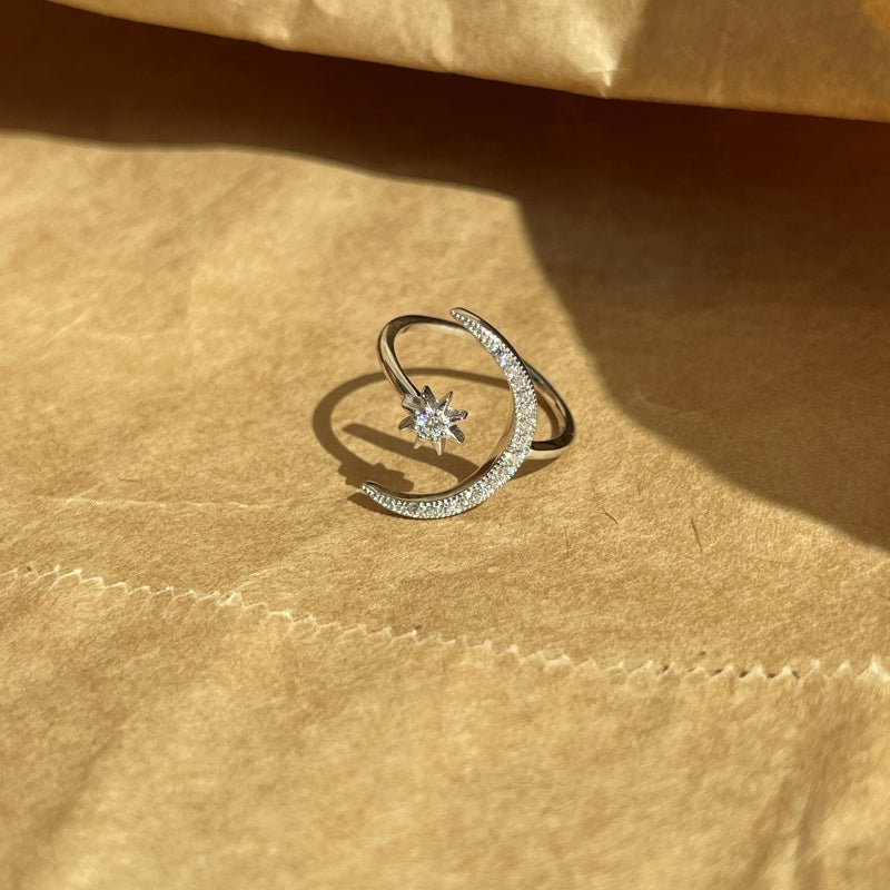 Women's S925 Moon And Star Thin Stackable Adjustable Ring