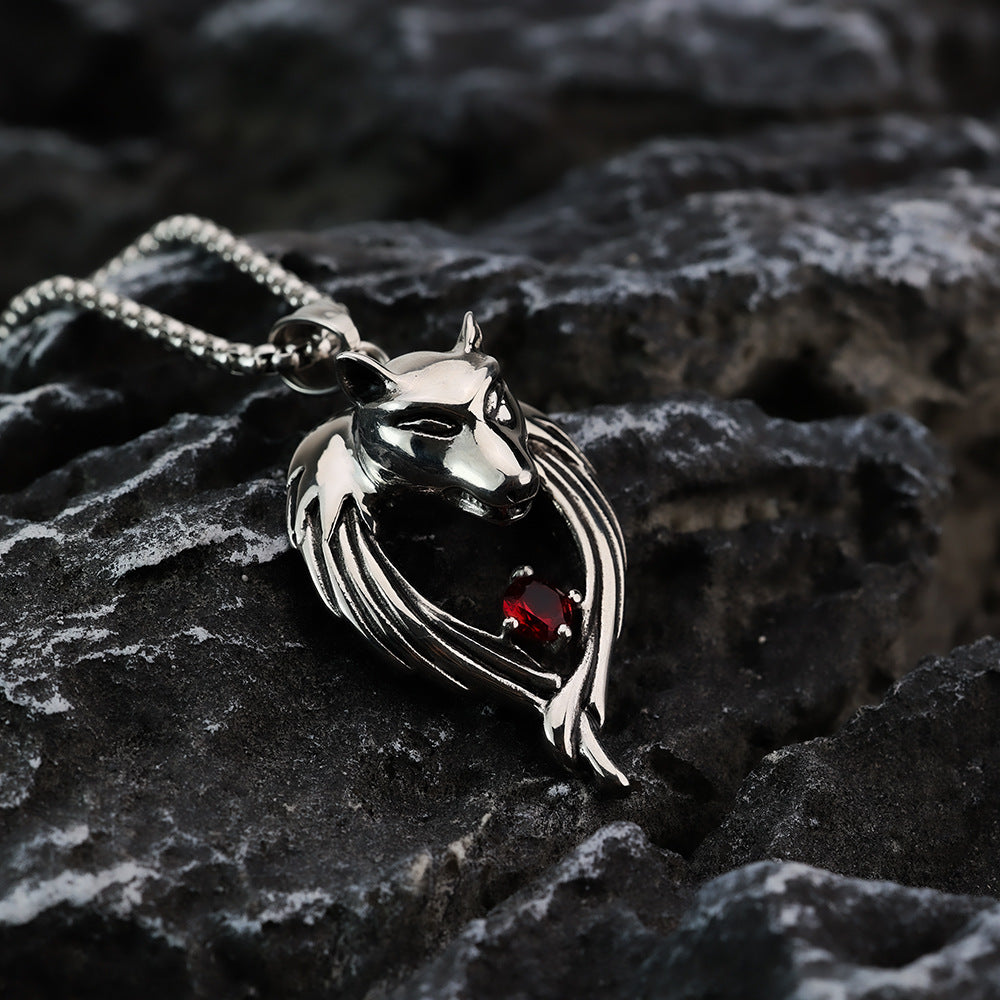 Vintage Stainless Steel Men's Wolf Head Pendant Necklace Inlaid Red Zircon
