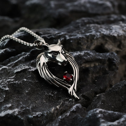 Vintage Stainless Steel Men's Wolf Head Pendant Necklace Inlaid Red Zircon