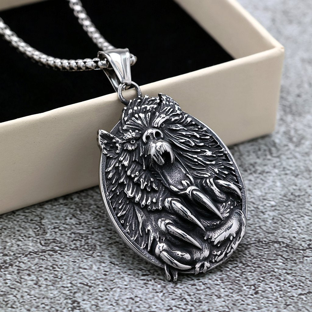 Men's Steel Bear Head & Claw Round Pendant Necklace