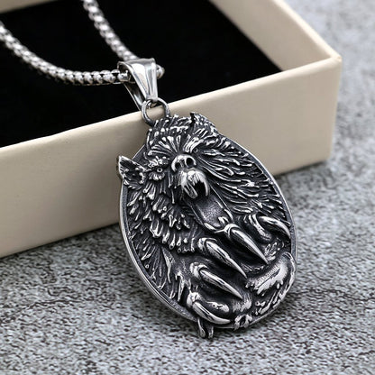Men's Steel Bear Head & Claw Round Pendant Necklace