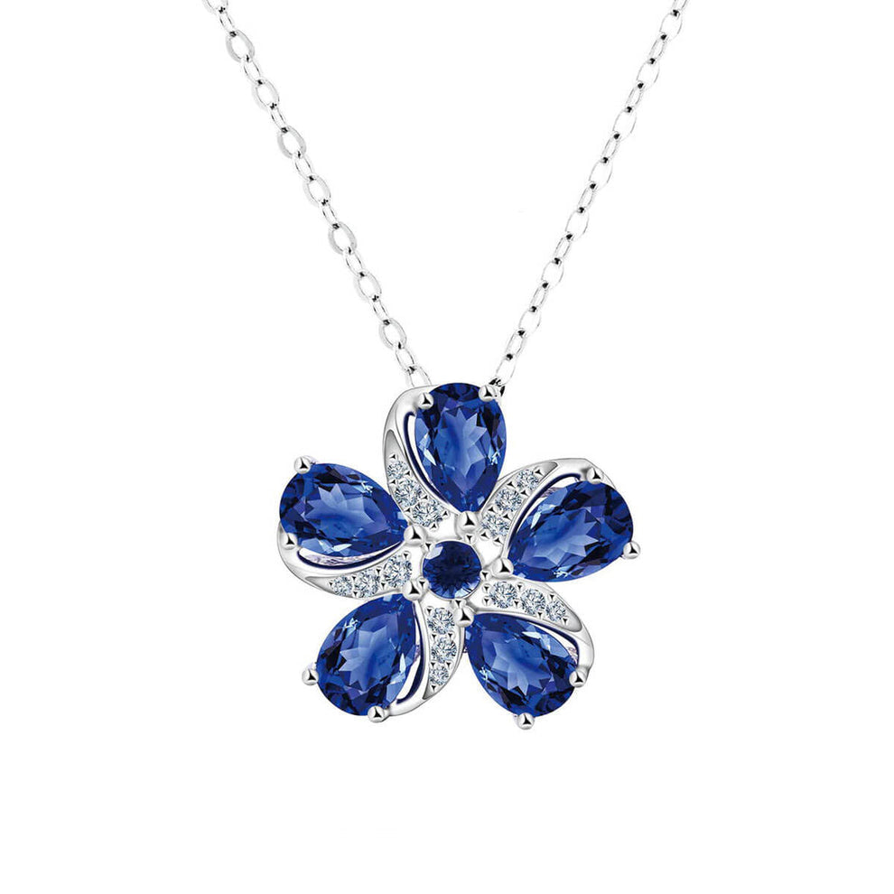 Women's Sterling Silver Five-leaf Clover Shape Pendant with Pear Brilliant Cut Sapphire