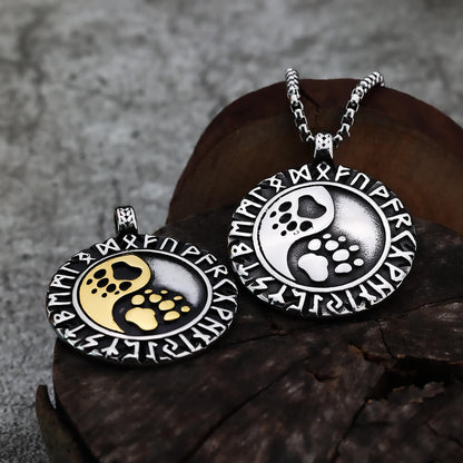 Vintage Stainless Steel Double Sided Viking Rune Bear Paw Print Pendant Necklace for Men