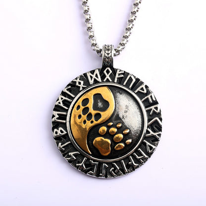 Vintage Stainless Steel Double Sided Viking Rune Bear Paw Print Pendant Necklace for Men