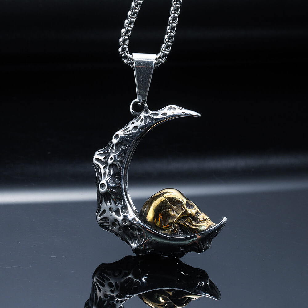 Men's Vintage Crescent-Shaped Skull And Ghost Head Pendant Necklace