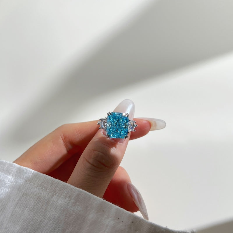 Women's White Gold Tone Ring Inlaid with Blue Rectangular & Polygon Zircon Stones