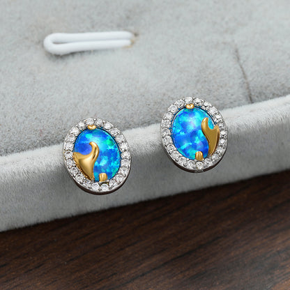 Women's Oval‑Shape Two‑Tone Metal Halo Paved Zirconia Blue / White Opal Stud Earrings, with White Gold Plating