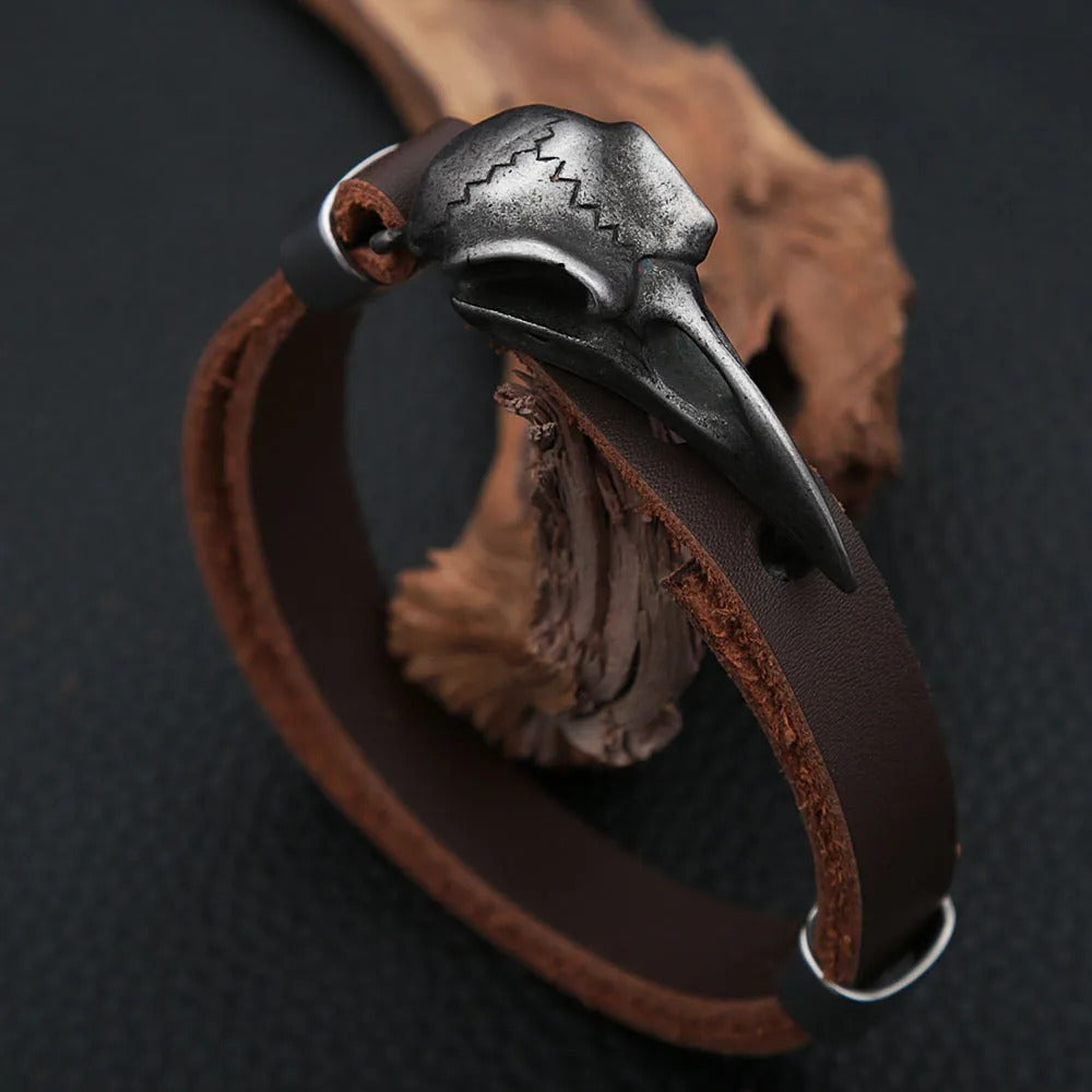 Men's Vintage Stainless Steel Raven Skull Leather Bracelet, Simple Versatile Punk Rock Adjustable Wrist Cuff