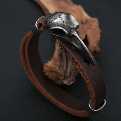 Men's Vintage Stainless Steel Raven Skull Leather Bracelet, Simple Versatile Punk Rock Adjustable Wrist Cuff