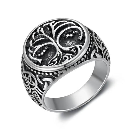 Vintage Nordic Stainless Steel Viking Tree of Life Celtic Knot Round Ring for Men