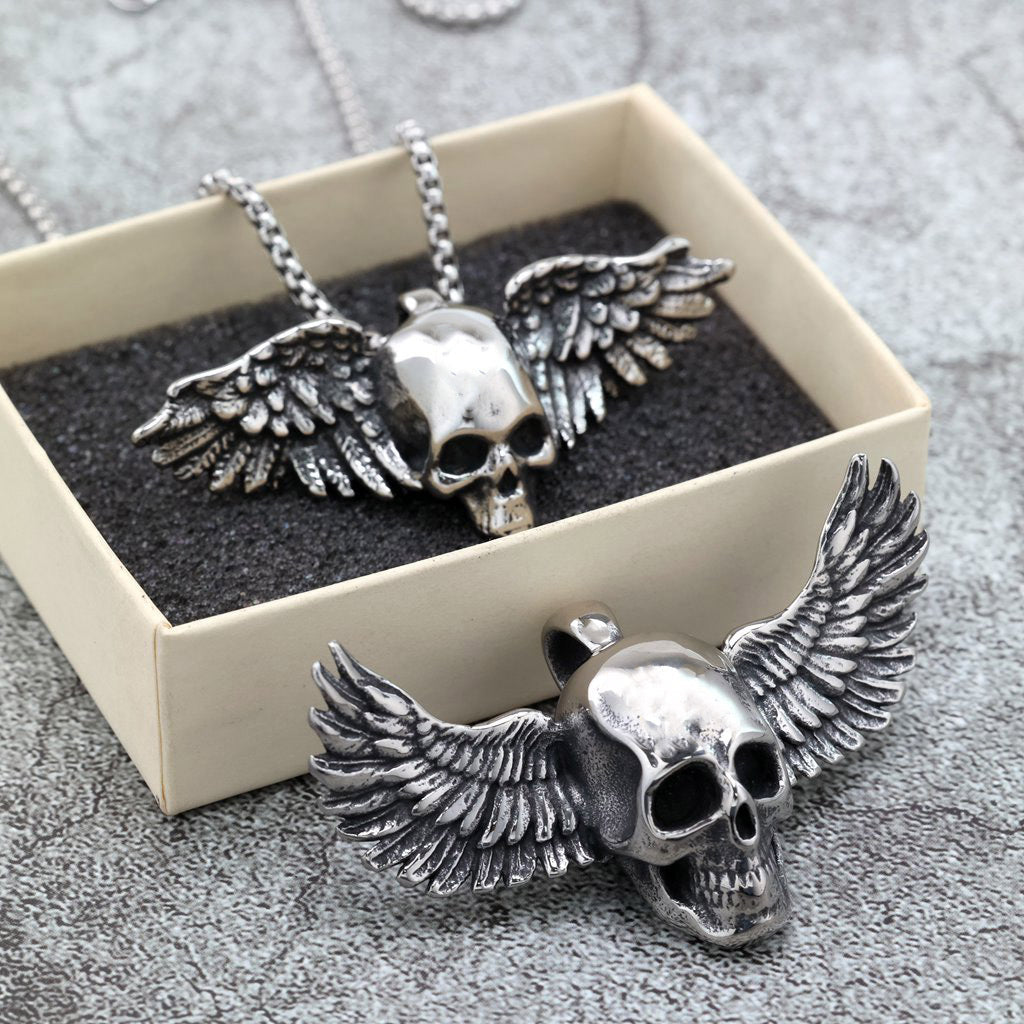 Men's Steel 3D Relief Winged Skull Pendant Necklace