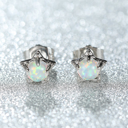 Women's Star‑Shape Prong Set Stud Earrings, Blue Opal / White Opal Inlay, White Gold Plating