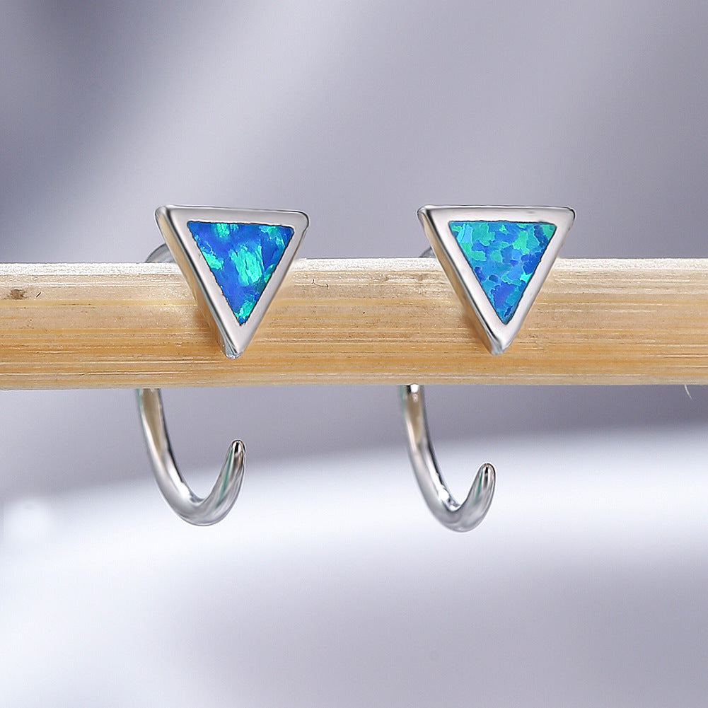 Women's Triangle Bezel Blue & White Opal C Hook Earrings, White Gold Plating