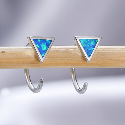 Women's Triangle Bezel Blue & White Opal C Hook Earrings, White Gold Plating