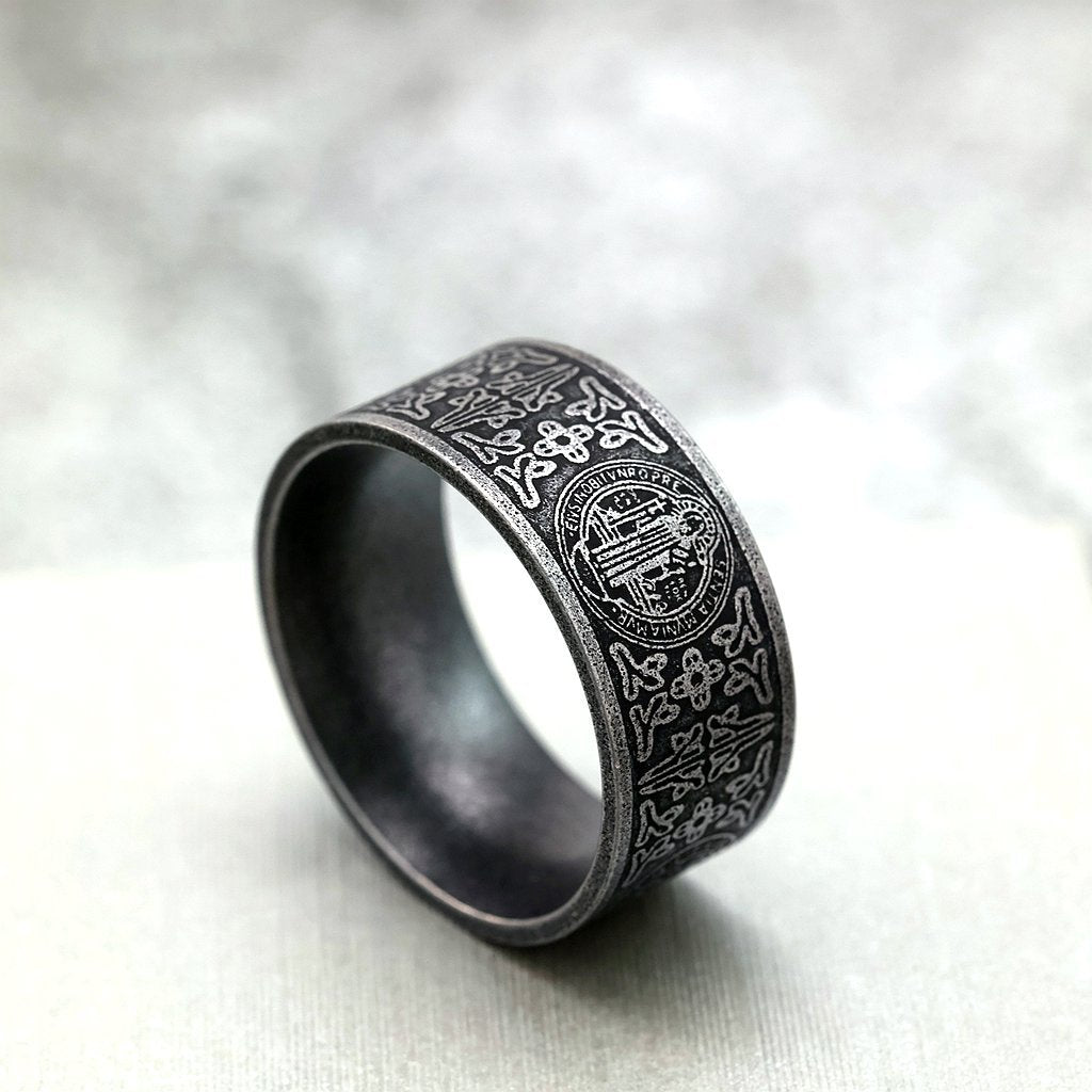 Vintage Solid Stainless Steel Dark Circle Saint Benedict Cross Ring for Men