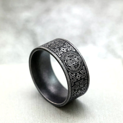 Vintage Solid Stainless Steel Dark Circle Saint Benedict Cross Ring for Men