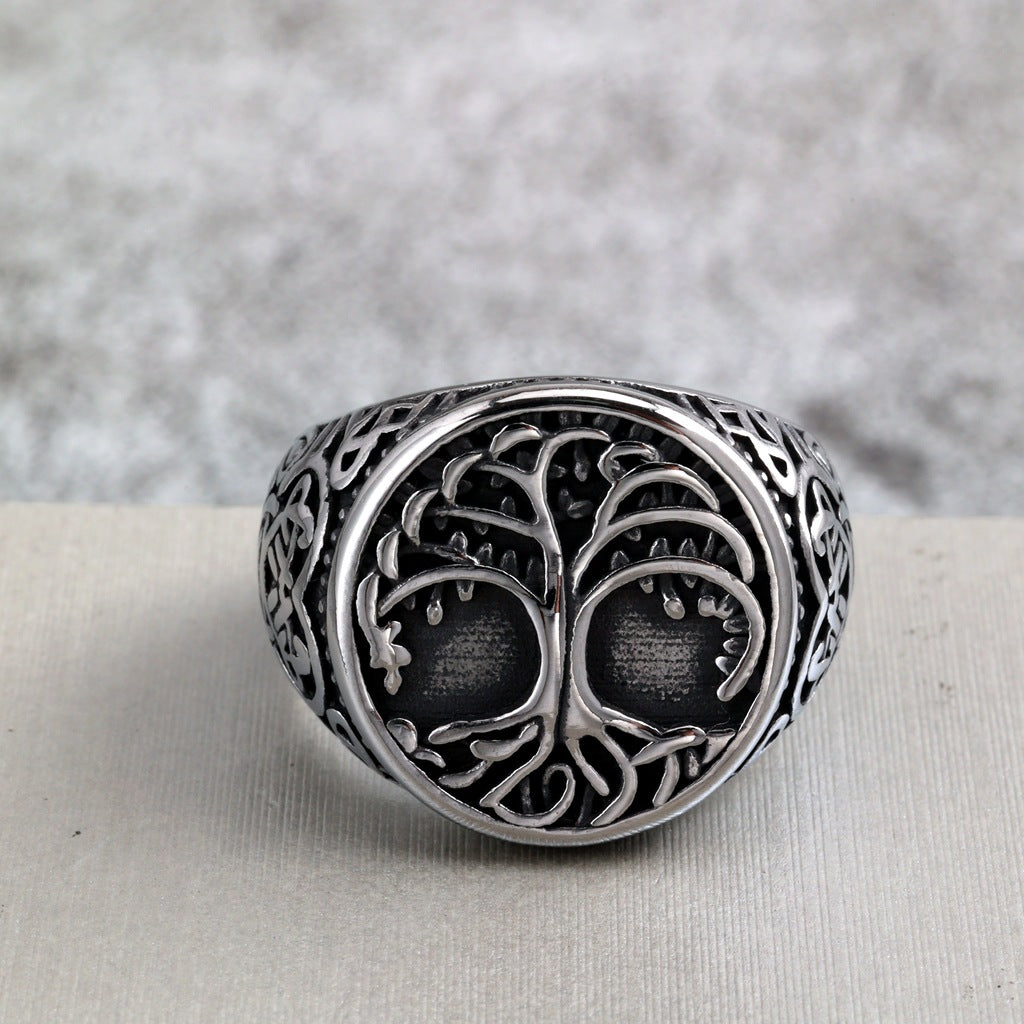 Vintage Nordic Stainless Steel Viking Tree of Life Celtic Knot Round Ring for Men