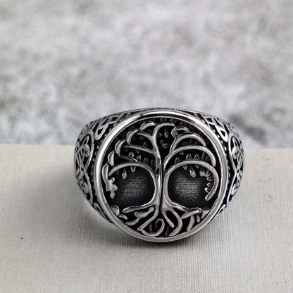 Vintage Nordic Stainless Steel Viking Tree of Life Celtic Knot Round Ring for Men
