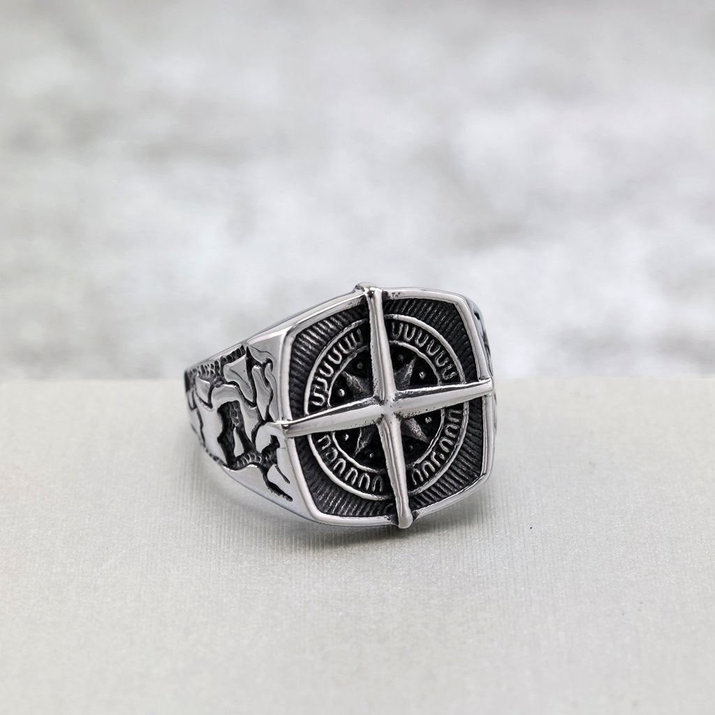 Vintage Stainless Steel Hip Hop Compass Square Signet Ring for Men