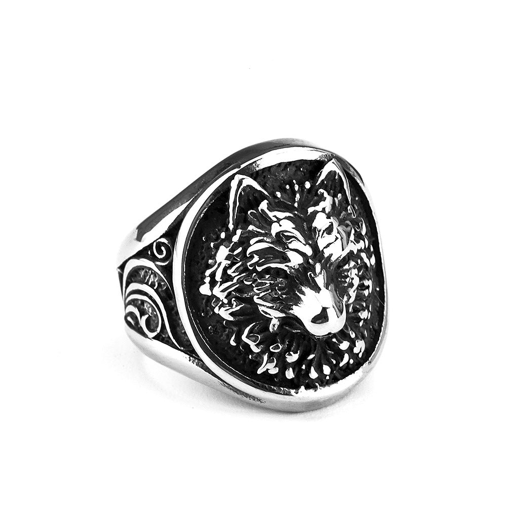 Vintage Solid Stainless Steel Norse Viking 3D Wolf Head Round Signet Ring for Men