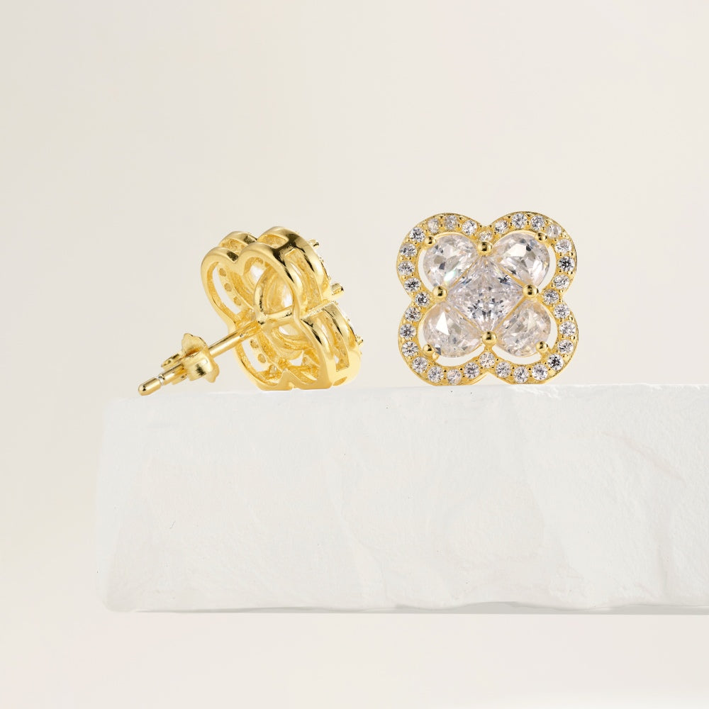 Women's Clover Halo Stud Earrings, Clear Zirconia, S925 with 18K Gold Plating