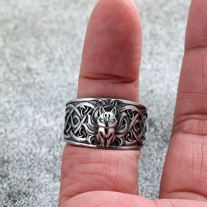 Vintage Nordic Solid Stainless Steel Viking Nine-Tailed Fox Pattern Ring for Men