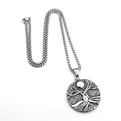 Men's Steel Sun Moon Tree of Life Round Pendant Necklace Retro Street Jewelry