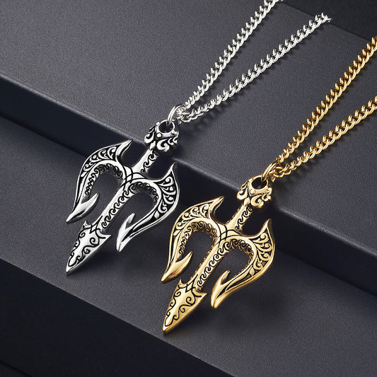 Vintage Stainless Steel Men's Trident Pendant Necklace