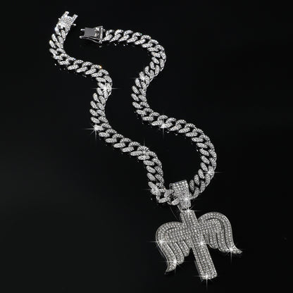 Hip-Hop Angel Wing Cross Cuban Chain Pendant Necklace