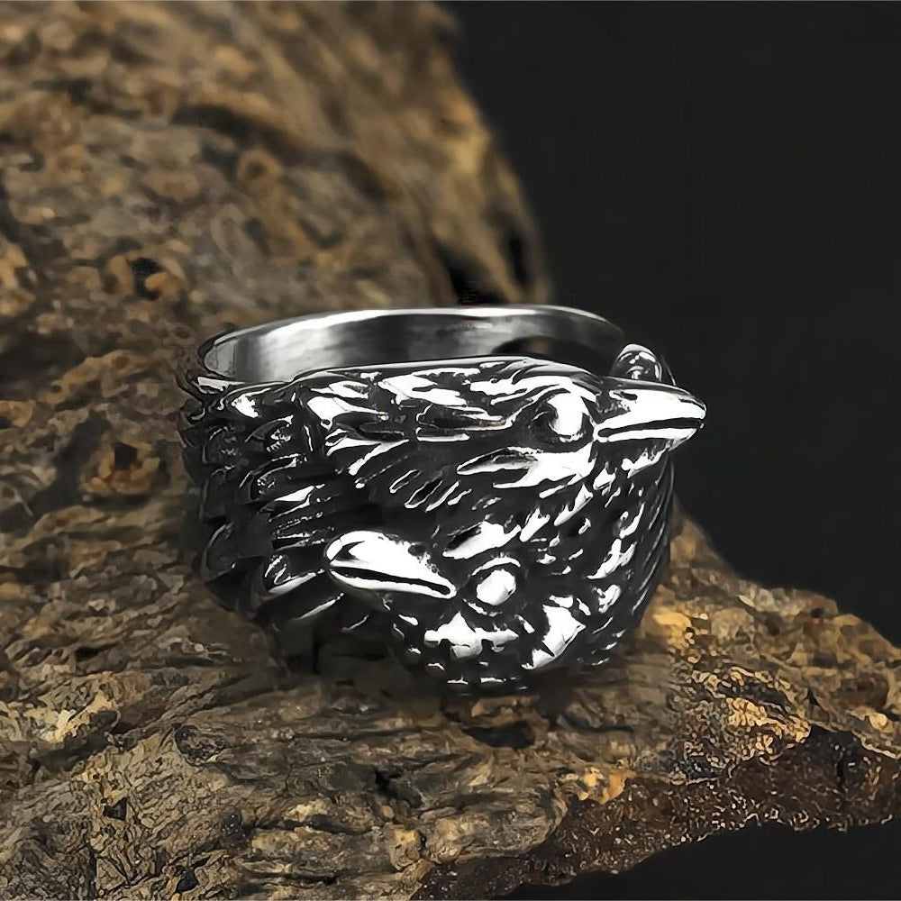 Vintage Solid Stainless Steel Norse Viking Double Raven Totem Band Ring for Men