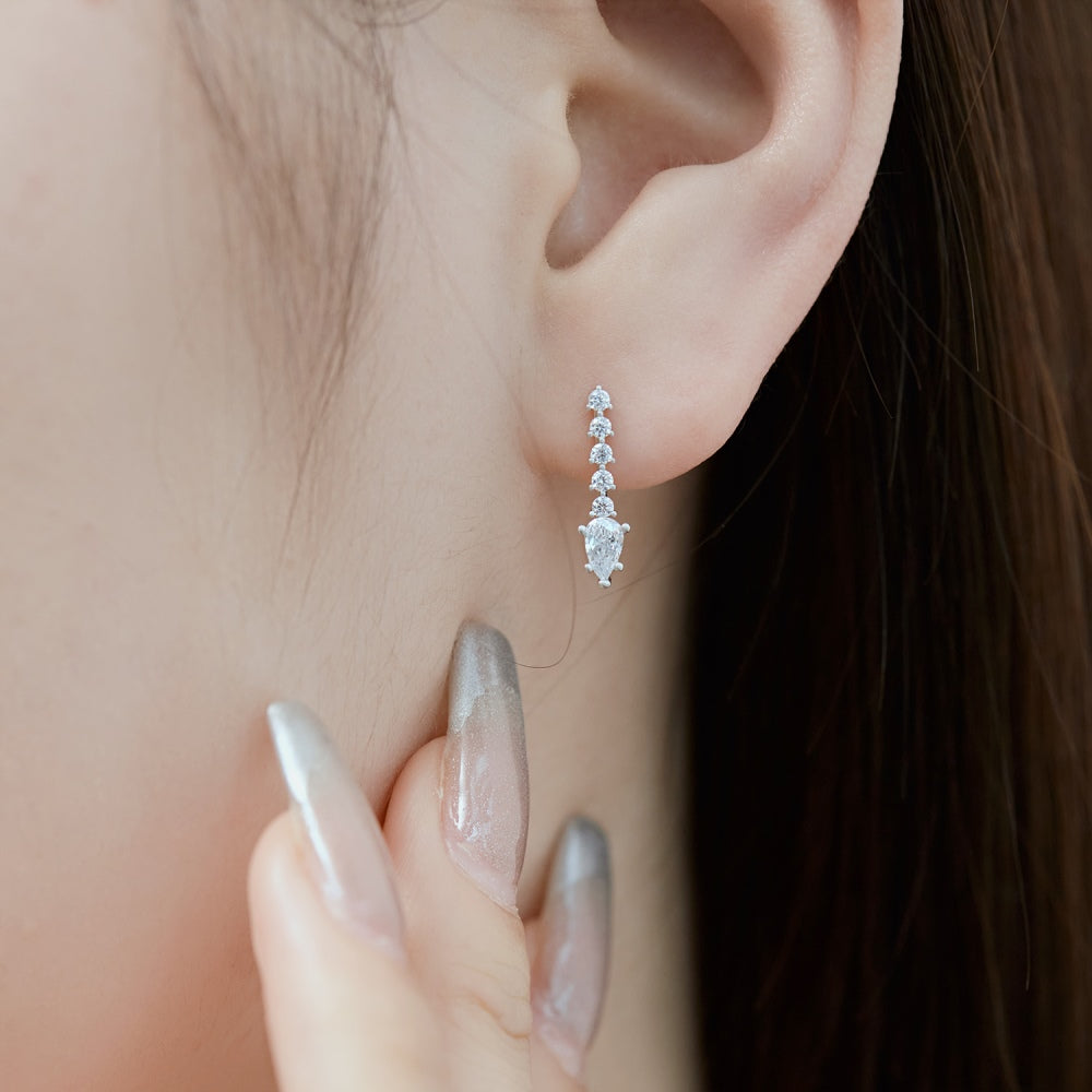 Women's Linear Drop Earrings, Pear‑Shape Center Stone Accompanied by Paved Round Zirconia, S925 with White Gold Plating