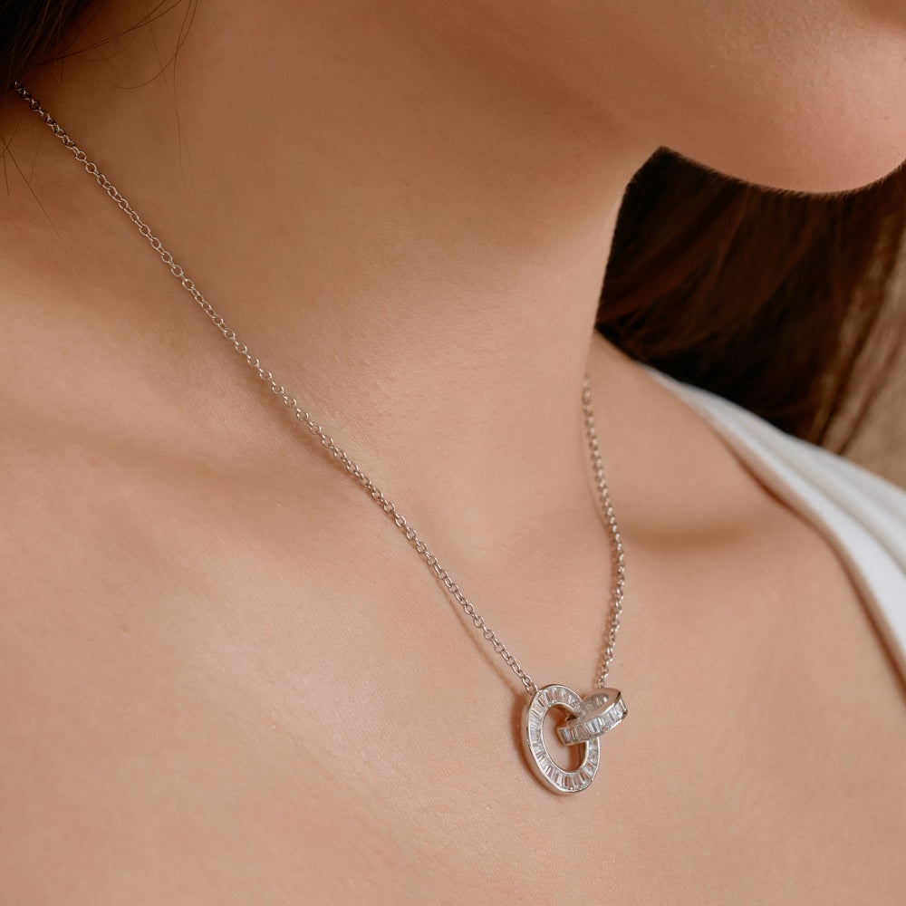 Women's Interlocking Rings Pendant Necklace, Baguette Zirconia Paved Inlay, S925 with White Gold Plating