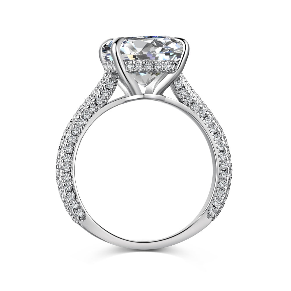 Women's Prong Set Oval Solitaire Zirconia Ring, S925 with White Gold Plating, Pave Band