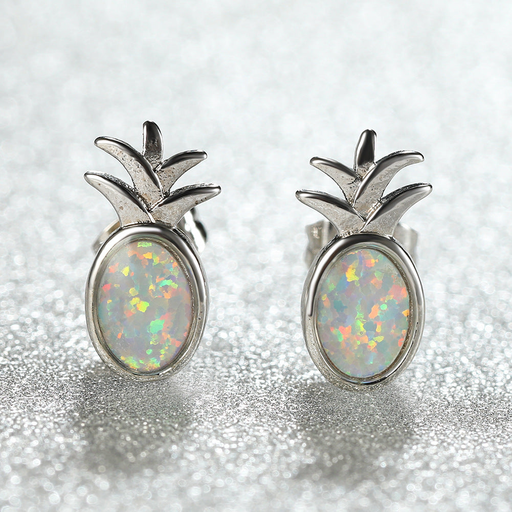 Women's Pineapple‑Shape Oval Blue & White Opal Stud Earrings