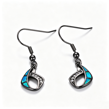 Women's Geometric Hollow Blue & White Opal With Clear Sapphire Hook Dangle Earrings