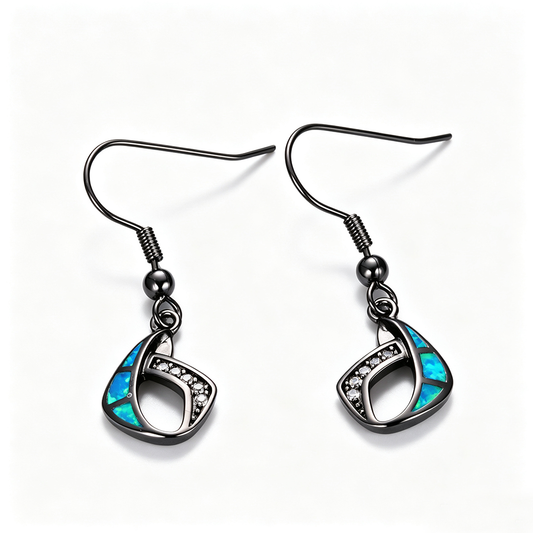Women's Geometric Hollow Blue & White Opal With Clear Sapphire Hook Dangle Earrings