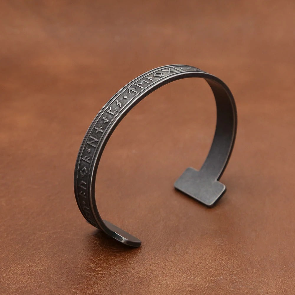 Men's European Viking Rune Open C Cuff Bracelet, Stainless Steel Adjustable Nordic Retro Bangle