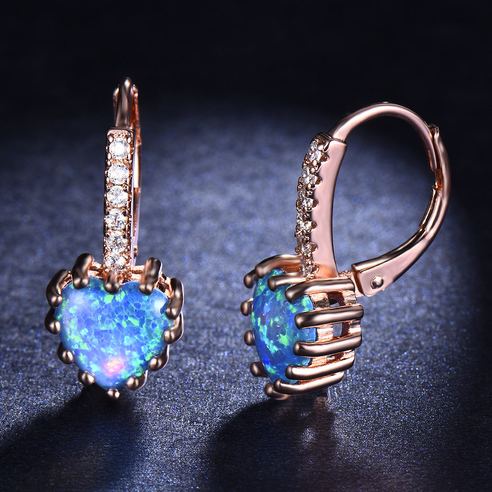 Women's Heart‑Shape Opal Leverback Earrings with Paved Zirconia, with White Gold / Rose Gold Plating
