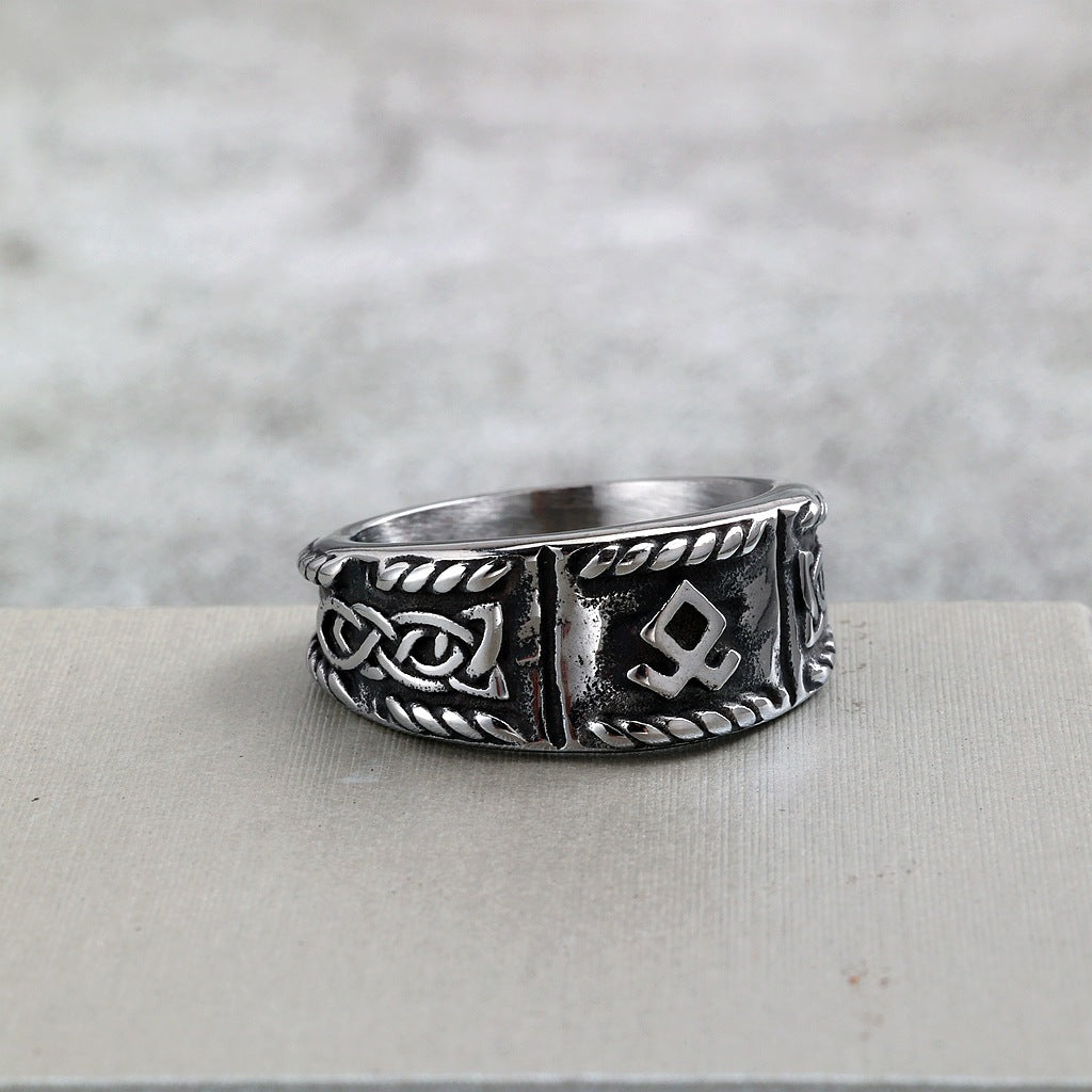 Vintage Solid Stainless Steel Viking Rune Round Ring for Men