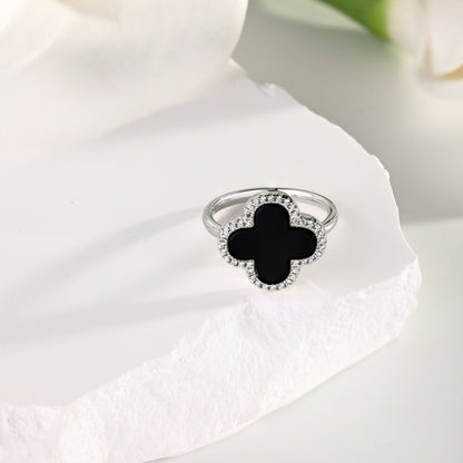 Women's S925 Silver White Gold Tone Ring, Four-Leaf Clover Shape Black Agate Halo Design Ladies Fashion Ring