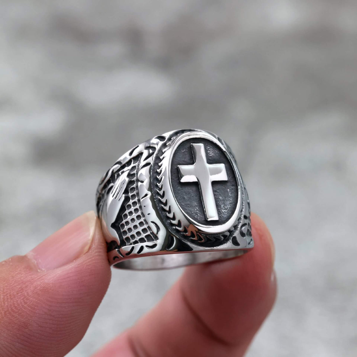 Vintage Solid Stainless Steel Cross Signet Ring for Men