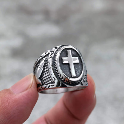 Vintage Solid Stainless Steel Cross Signet Ring for Men