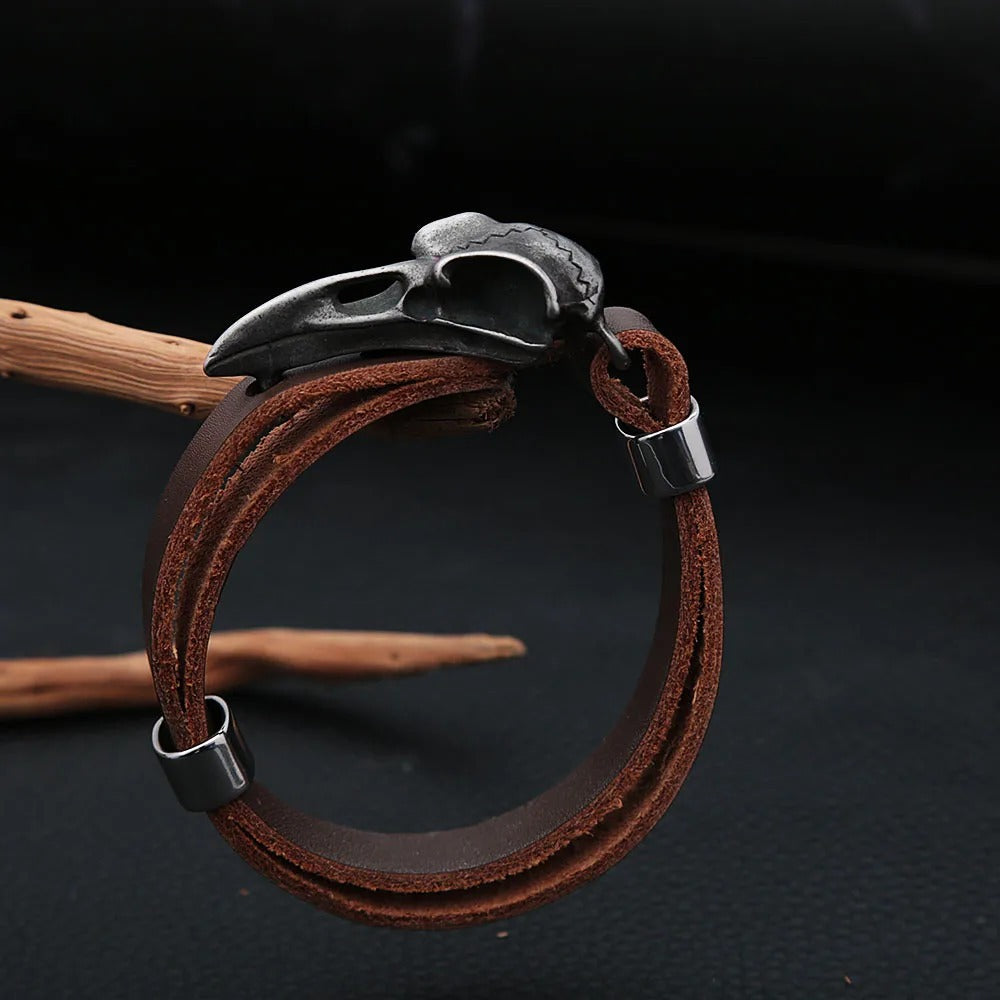 Men's Vintage Stainless Steel Raven Skull Leather Bracelet, Simple Versatile Punk Rock Adjustable Wrist Cuff