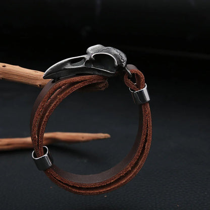Men's Vintage Stainless Steel Raven Skull Leather Bracelet, Simple Versatile Punk Rock Adjustable Wrist Cuff